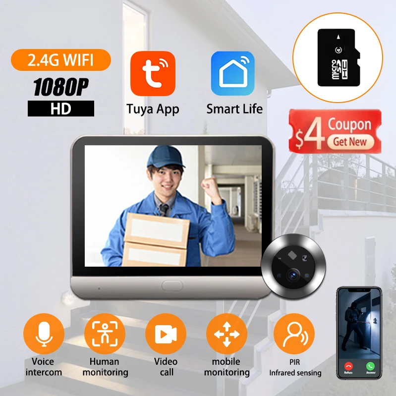 Tuya Smart1080P bel pintu WiFi, kamera pengintai keamanan rumah satu arah audio penglihatan malam 4.3 "FHD kamera bel pintu Video