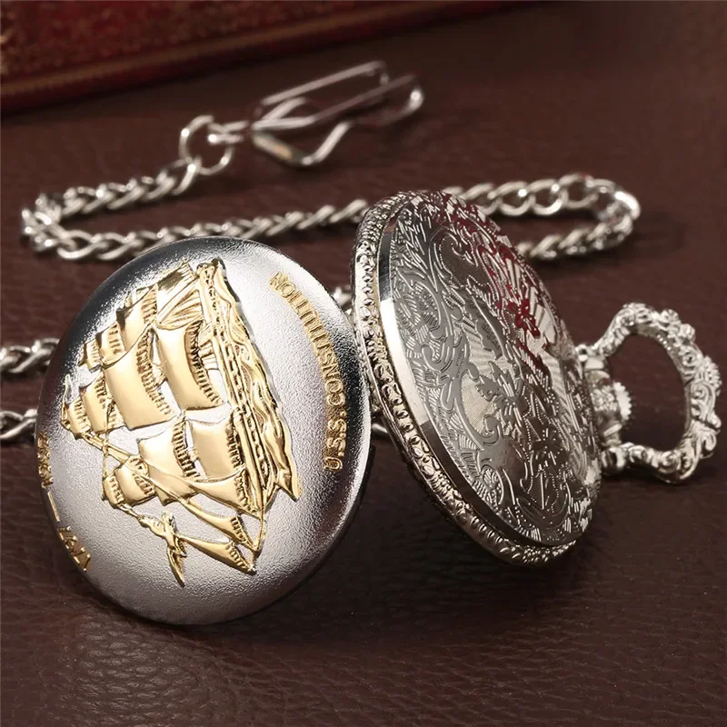 Silver Carved Sailing Canvas Boat Alloy Cover 1797-1997 Fob Quartz Pocket Watch for Men Women with 30Cm Pendant Chain Clock Gift