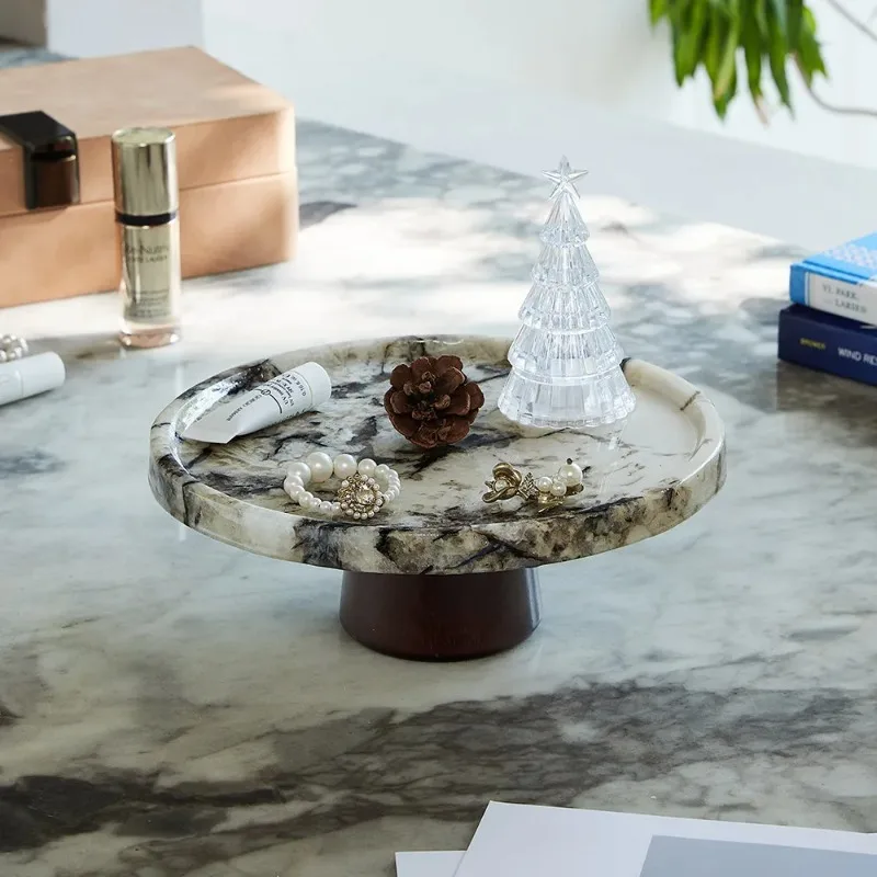 Natural Marble Fruit Bowl, Elevated Round Dessert Stand, Decorative Tray for Entryway Table, Aroma Jewelry Dish for Home Decor