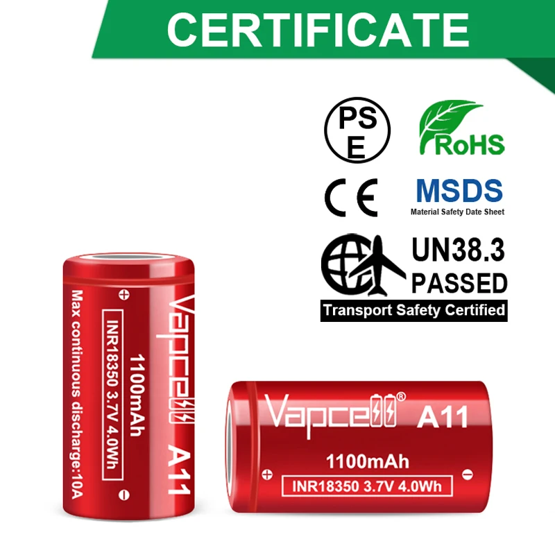 Original Vapcell INR 18350 A11 M11 F14 F16 H16 Battery Max 1600mAh High Drain Rechargeable Lithium Batteries For Flashlight Toys