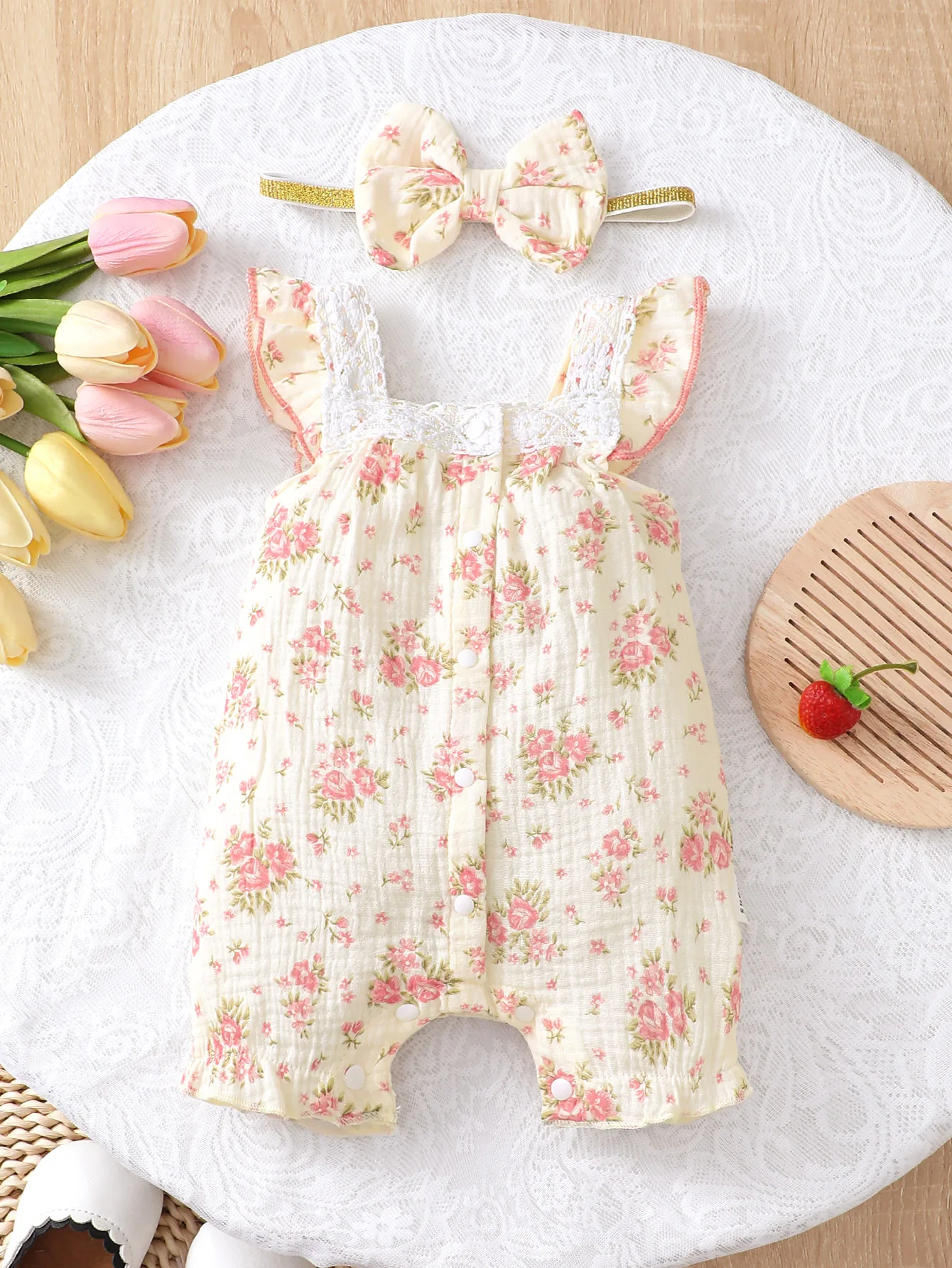 

Foreign Style Square Collar Flying Sleeve Cute Sweet Baby Girl Child Onesie Summer Flower Print Breasted Ha Dress Bow Headband