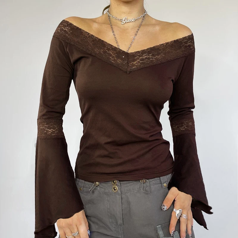 Top corto da donna a maniche lunghe in pizzo gotico vintage autunnale y2k estetica con spalle scoperte T-shirt casual slim fit per uscire sexy