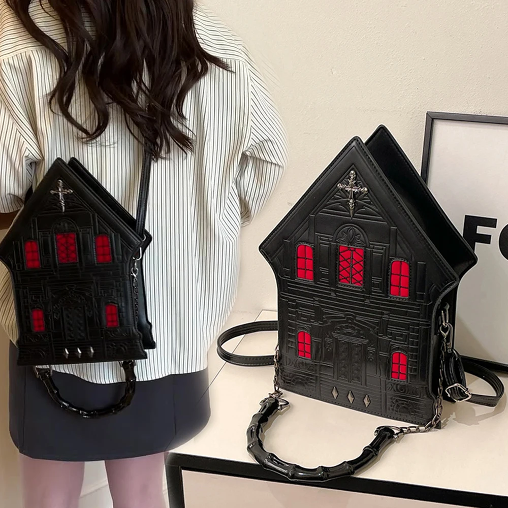 

Vintage Fashion Three-dimensional Castle Crossbody Bag Leather Shoulder Bags Black Handbag Carnival Party Backpack Props