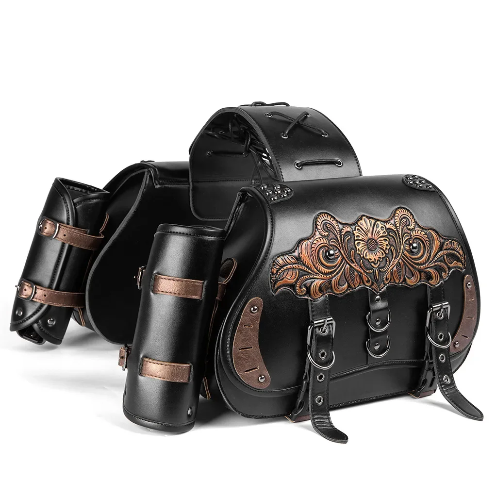 2025 Newest Universal Vintage Embossed Motorcycle SaddleBag PU Leather Rider Modification Bag for Harley/Honda/Yamaha/Suzuki