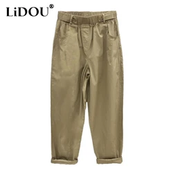 2023 Spring Autumn New Solid Color Elastic Waist Haren Pants Women Korean Style Button Pockets All-match Ankle Length Trousers