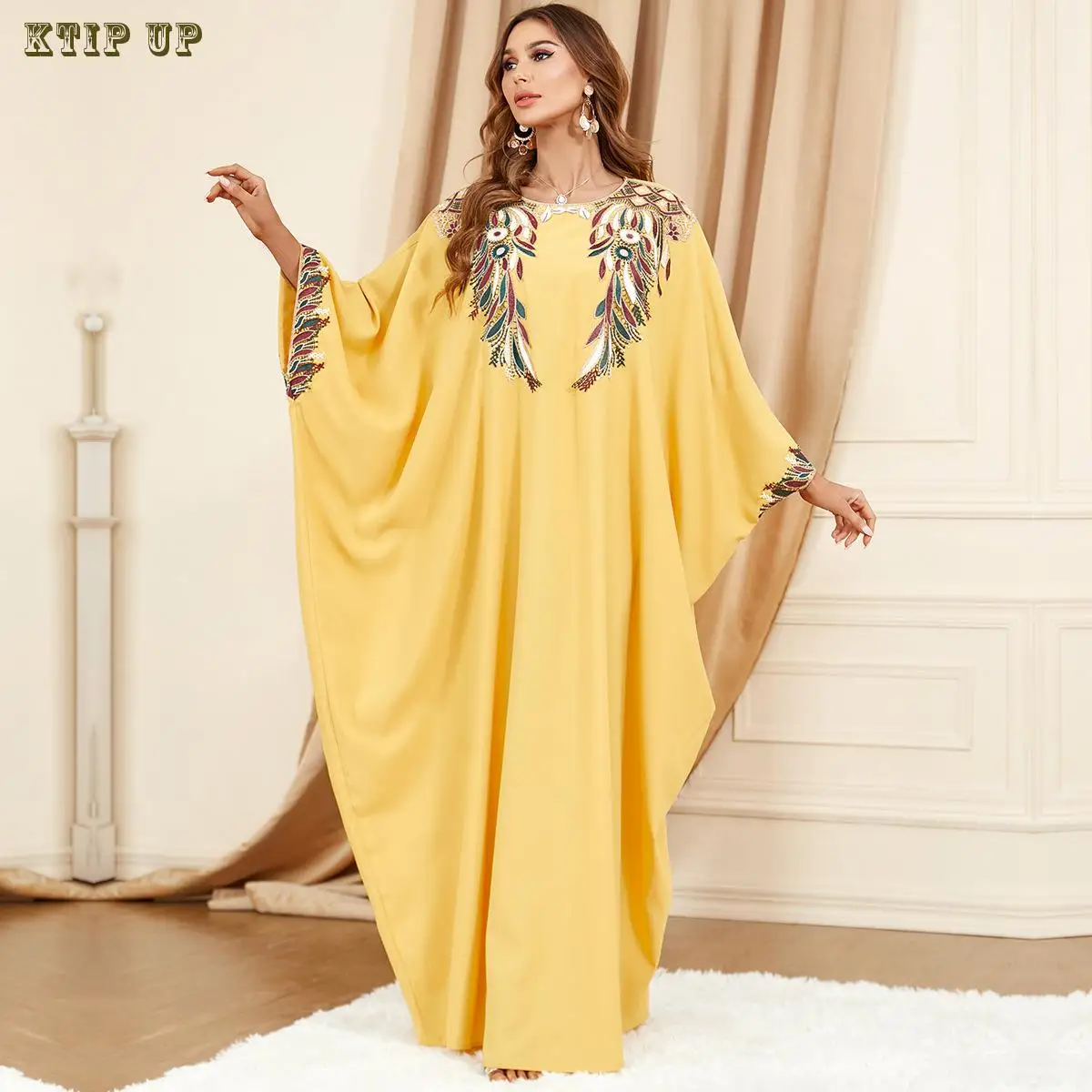 Middle East Yellow Bat Sleeve Kaftan, Dubai, Moroccan, Loose, Large, Abaya, Turkish, Muslim, Arab, Fashion