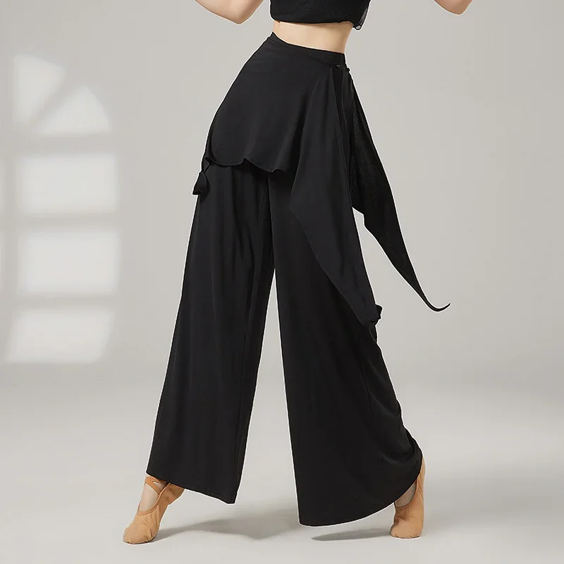 Pantalones largos de cintura alta para mujer, pantalones de baile sueltos de pierna ancha, transpirables, drapeados, trajes de entrenamiento clásico de danza folclórica china