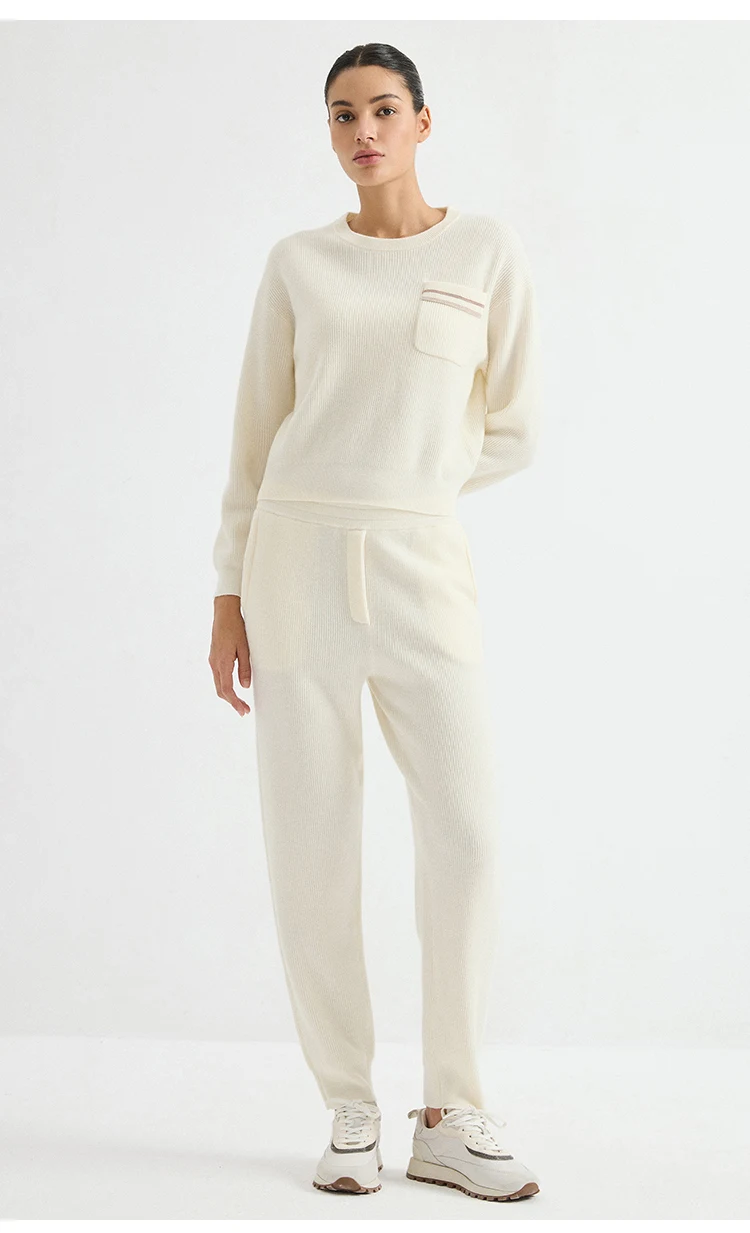 BD3621775 Damen Pullover aus 100% Wolle mit englischem Rippstrick, Rundhalsausschnitt, langen Ärmeln, kontrastierender Brusttasche mit Kettendesign, zweifarbig, für den frühen Herbst. – Detail 7