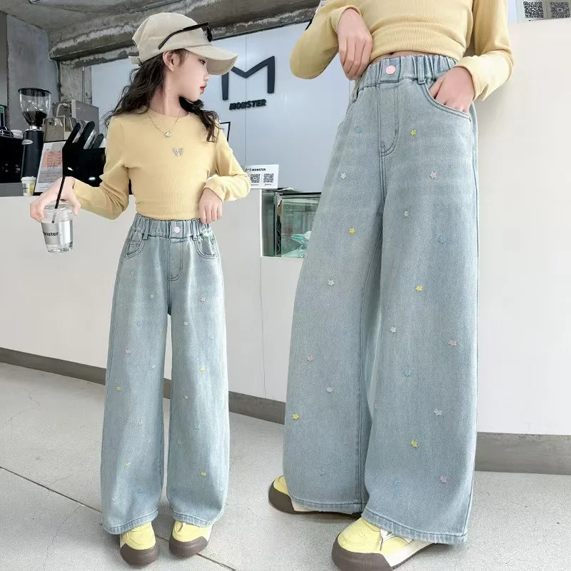 UNITIM Herbst Kinder-Jeans mit Liebes-Stickerei, Gerade Hosen für Junge Mädchen, Lose Elastische Taille, Denim-Hosen für Junge Teenager-Mädchen – Detail 7