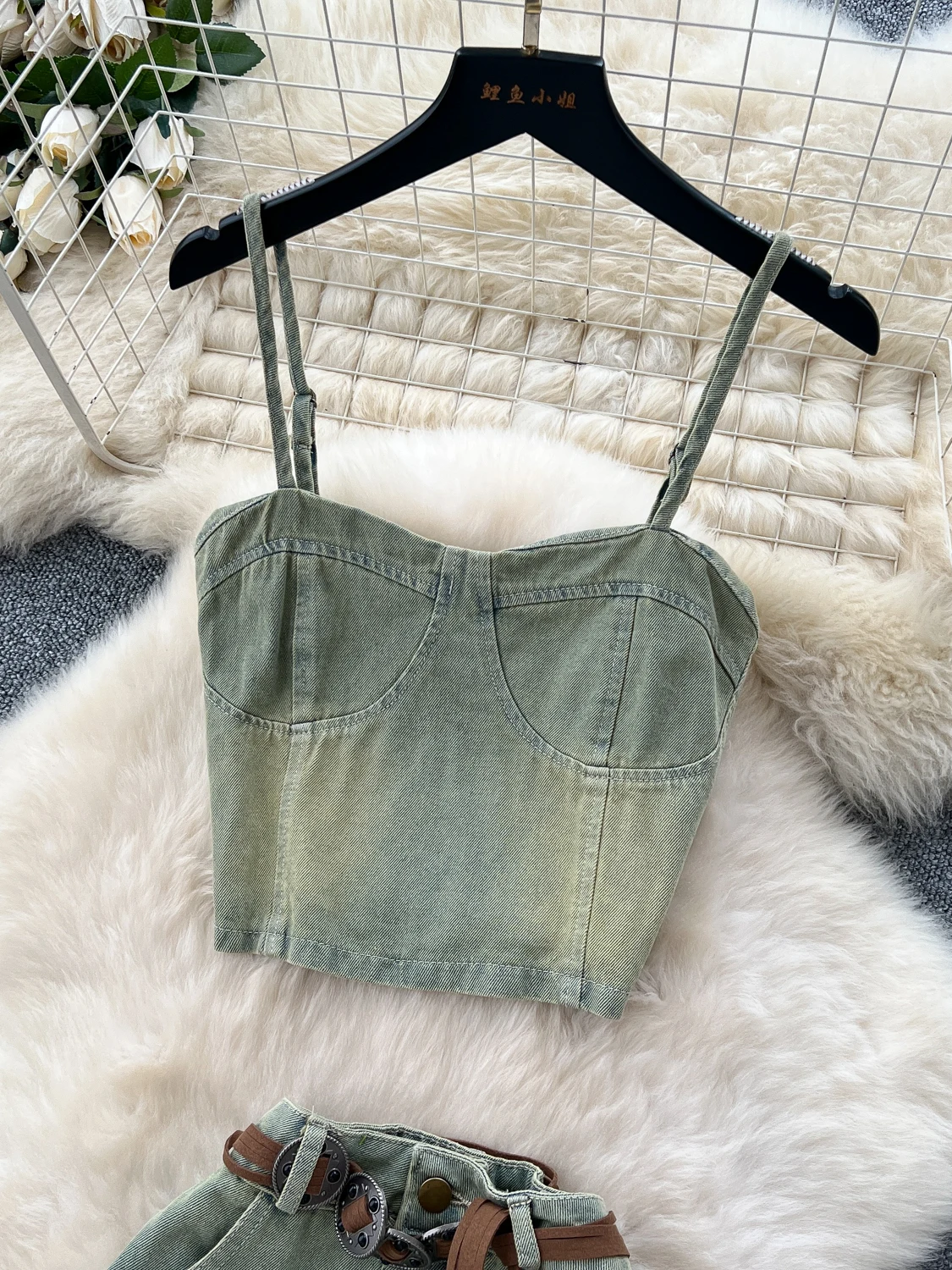 Conjunto de Verão F Estilo Retrô Americano, Top Cropped de Jeans com Renda e Saia , Moda Trendy