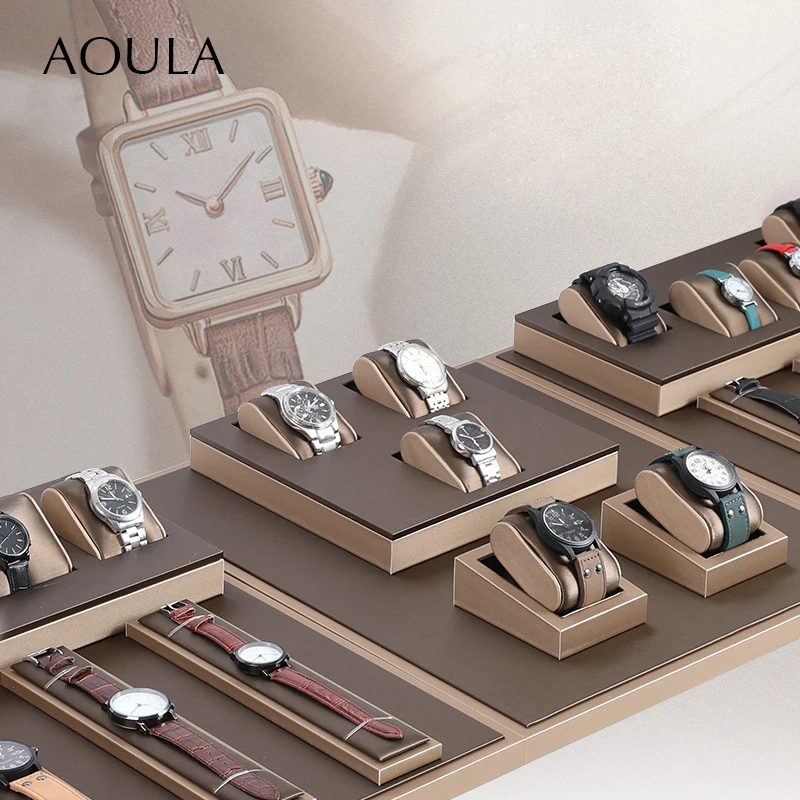 

Store Watch Display Props Brown Leatherette Shop Retail Desk Counter Organizer Ramp Window Presentation Based Watch Stand Holder