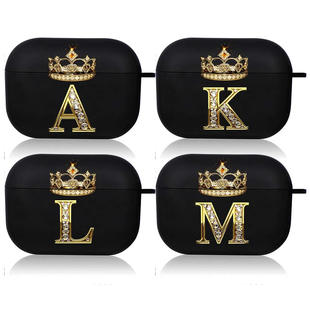 Diamond Crown Letter Airpods Case for AirPods Pro2 3 2 1 Pro Black Wireless Bluetooth Earphone Box Cute A-z Cover