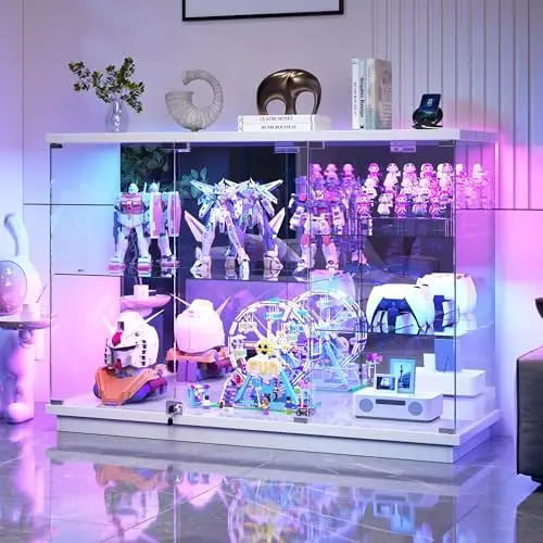RGB Glass Display Cabinet - with Human Body Sensor, High Gloss Sideboard with Lock & Glass Shelves for Toys, Books
