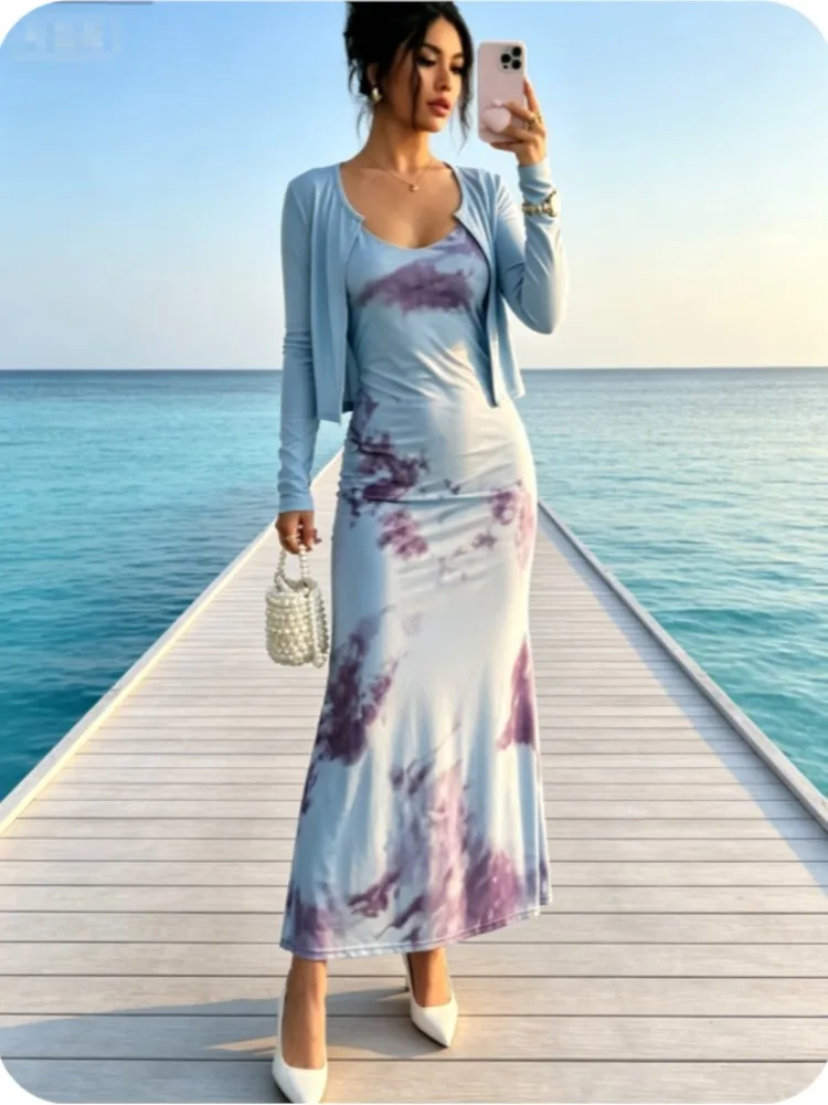 Elegant Women Print 2 Piece Matching Outfit Top Midi Bodycon Dress Long Sleeve Cropped Cardigan Casual Daily Street Sets Dresses