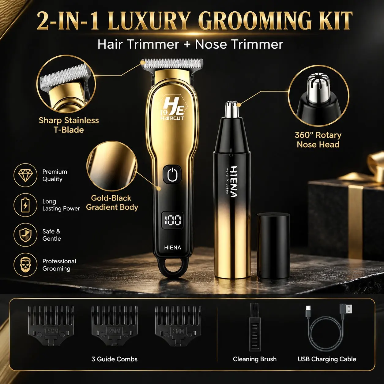 HIENA 2 Pieces Set Hair Trimmer For Man Waterproof Gradient Color Nose Hair Removal Electric 0 MM Oil Head Haircut Machine