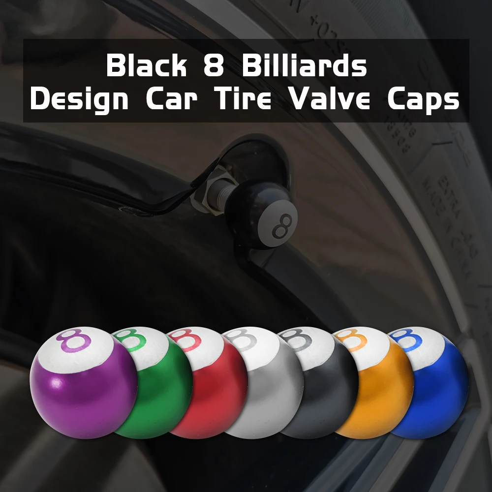 4pcs Universal Tire Valve Stem Caps Billiards Black 8 Ball Shape Auto Car Truck Mountain Bike Wheel Air Valve Stem Caps