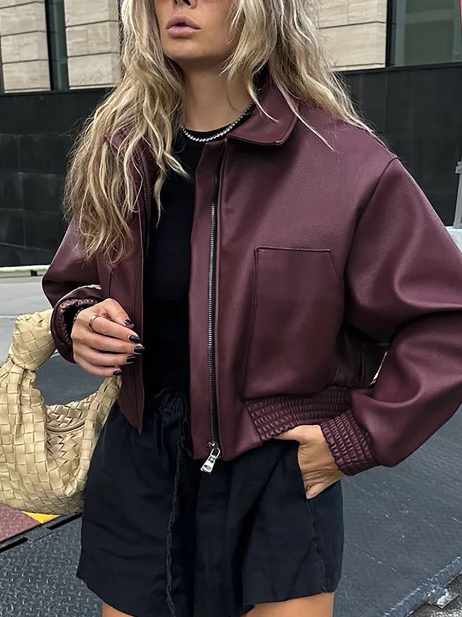 Autumn/Winter 2024 Vintage elegant wine red style pocket lapel motorcycle style leather jacket Fashion loose long-sleeved coat