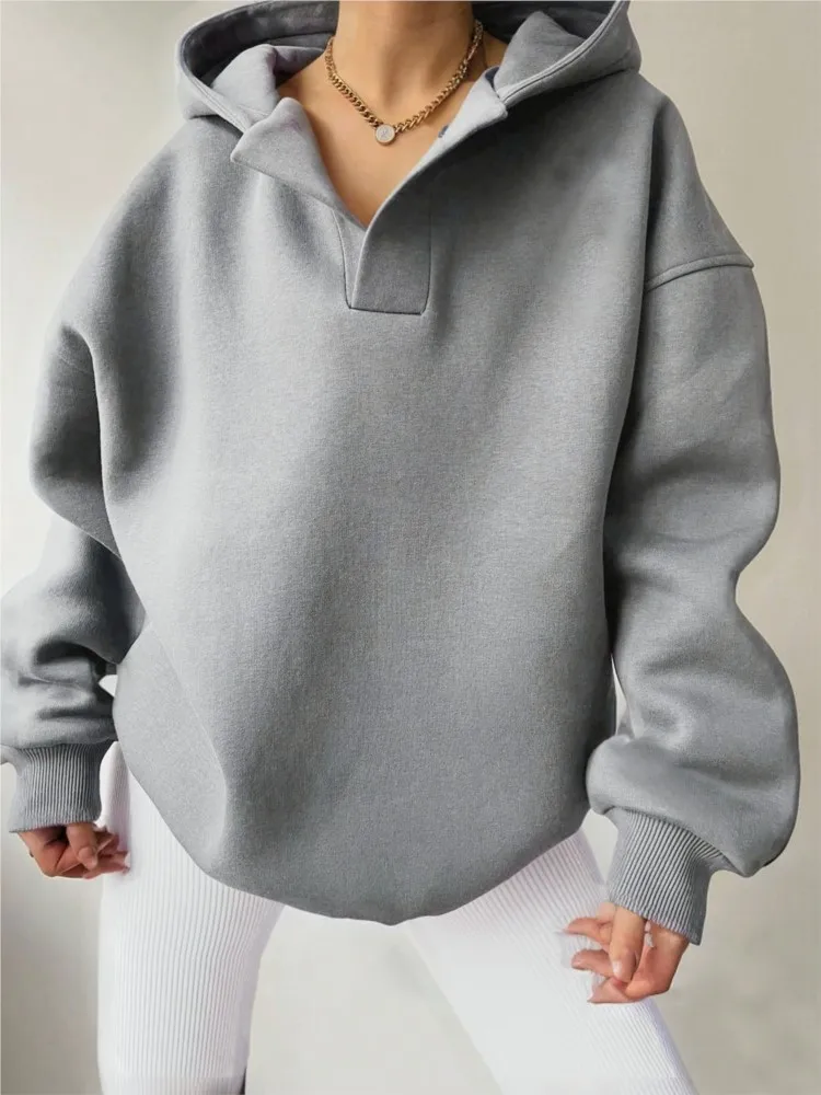 

Fashion Solid Sweatshirt Hoodie For Women Casual Long Sleeve V-neck Hooded Tops Pullover Female Autumn Loose Ladies Oversize Top