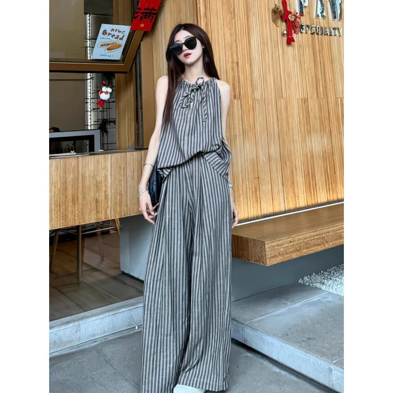

Set 2025 Summer New Women's Style Sleeveless Hanging Neck Tank Top Wide Leg Pants Casual Stripe Two Piece Set