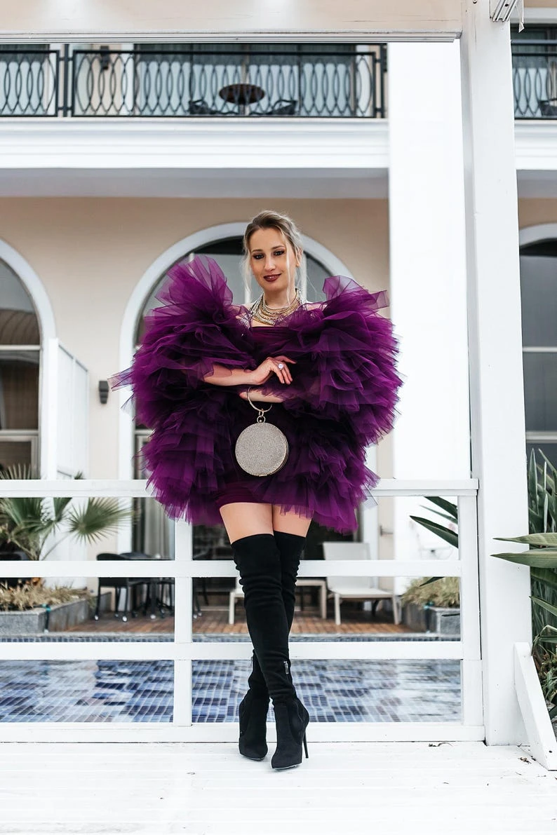 Blusa roxa de tule com babados, mangas em camadas e enfeites de lantejoulas, feita de tecido de poliéster de alta qualidade, festa perfeita