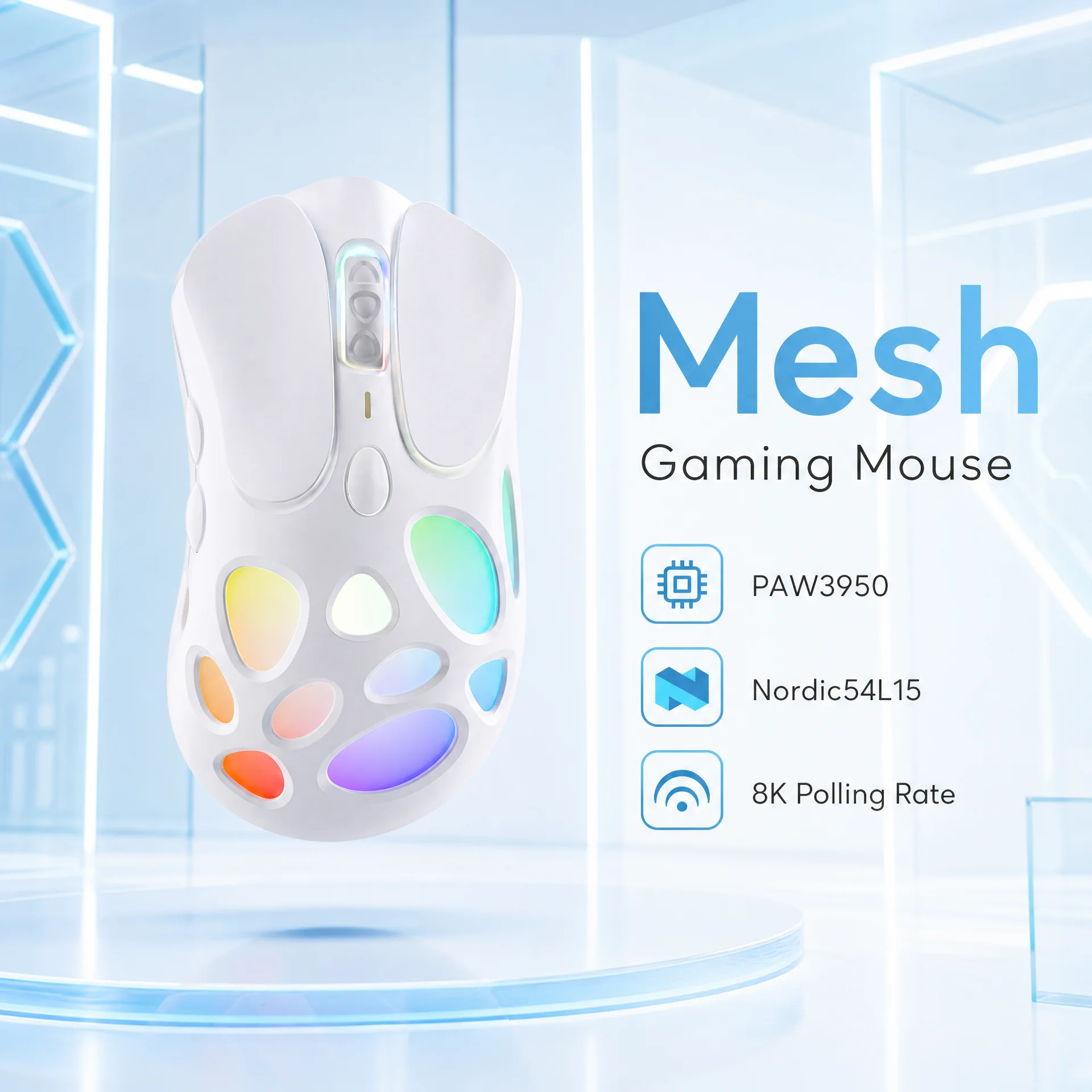 Akko Mesh ゲーミングワイヤレスマウス、PAW3950センサー搭載、8Kポーリングレート、90g、42000 DPI、調整可能、長寿命バッテリー、eスポーツ向けマウス。