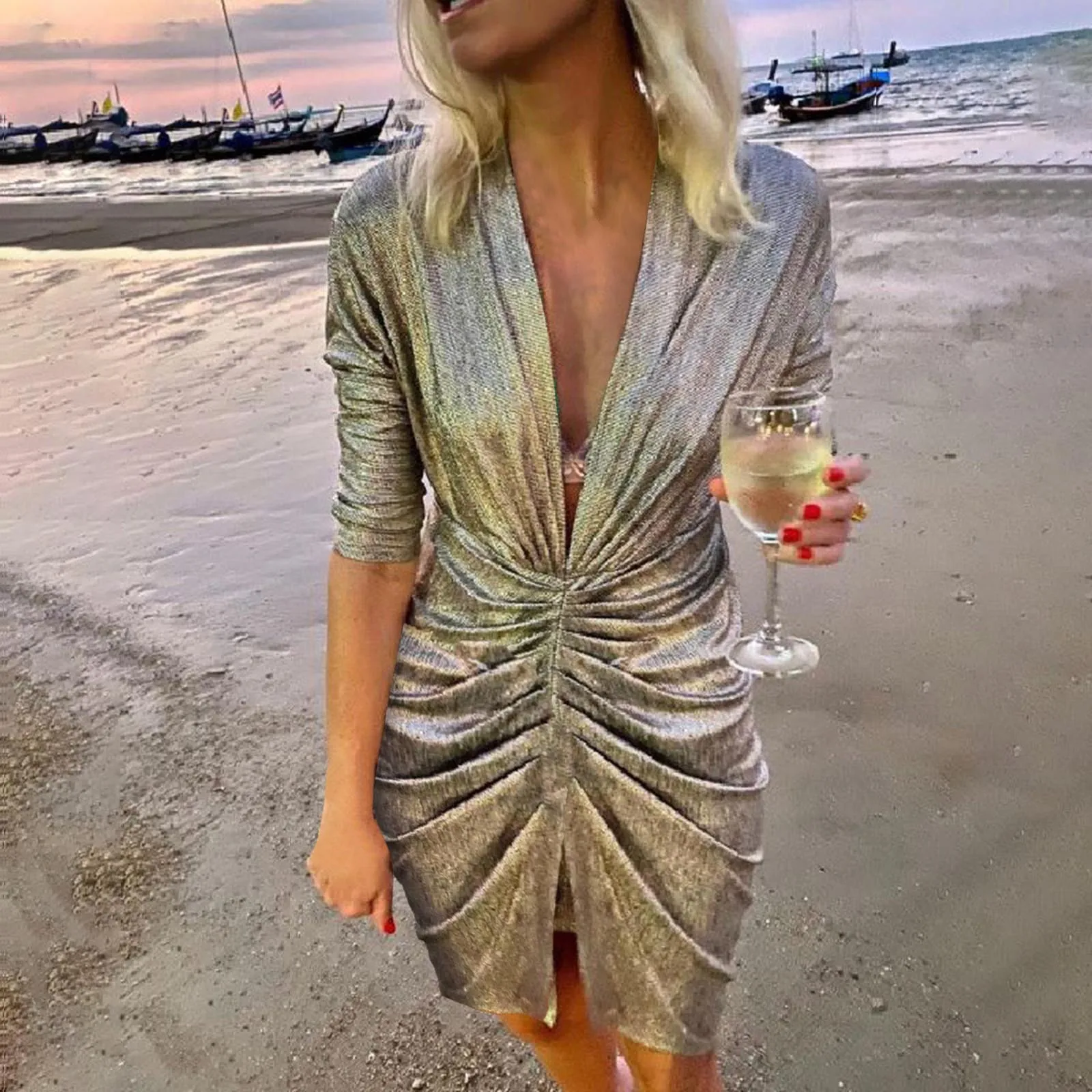 Women Sexy Sequins V Neck Long Sleeve Self Cultivation Dresses Slim Elegant Ladies Party Dress Long Sleeve Dress plus Size