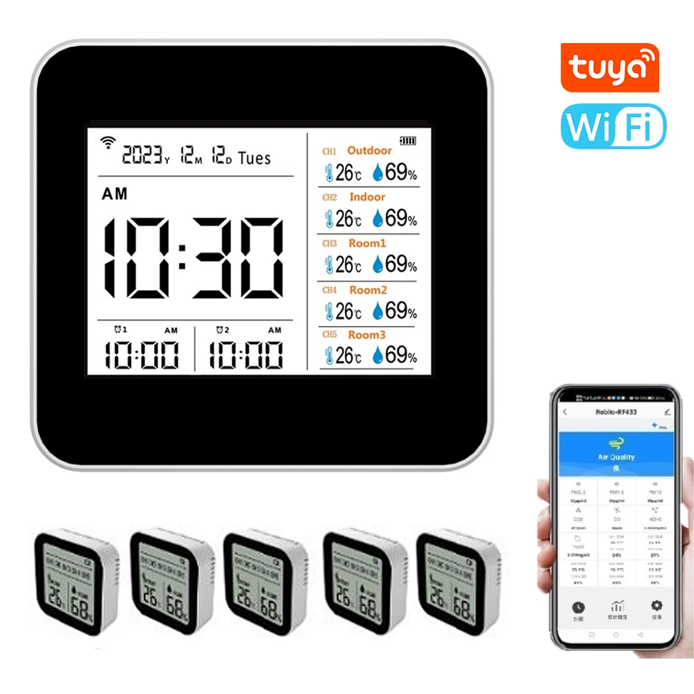 13 in 1 Tuya WIFI Intelligent Thermometer Hygrometer Indoor Accurate Temperature Humidity Gauge Monitor with Time/Calendar/Alarm