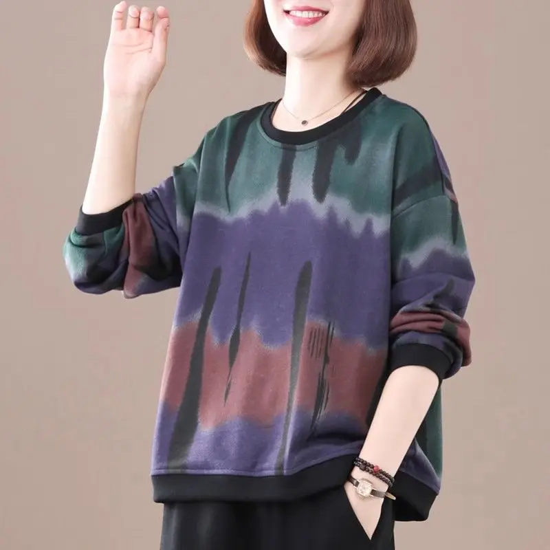 Stylish Korean Loose Pullovers 2024 Spring Autumn Vintage Gradient Printed Casual Female Clothing Round Neck Spliced Sweatshirts