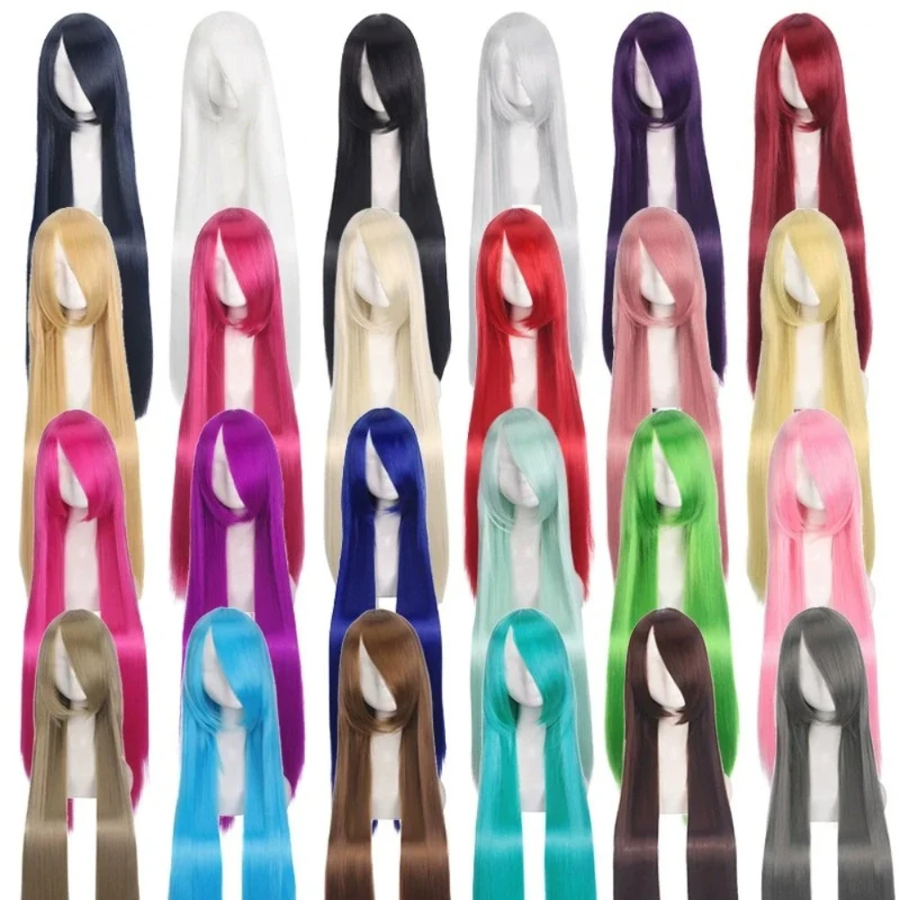 100cm Colored Straight Bangs Women's Synthetic Wig Heat Resistant Fiber Multi Color Party Anime Roleplay Free Wig Cap