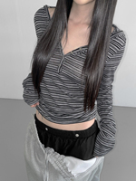 Casual Striped Breasted Long Sleeve Hooded T-Shirts Women Design Slim Fit Simple Fashion Blouses