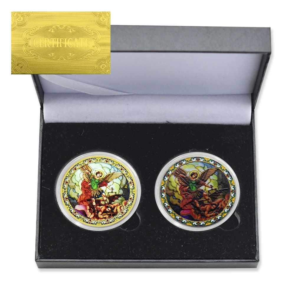 

2pc/box Saint Michael Challenge Coin Angel Metal Medal Craft Home Decoration Commemorative Coin with Gift Box and Certificate