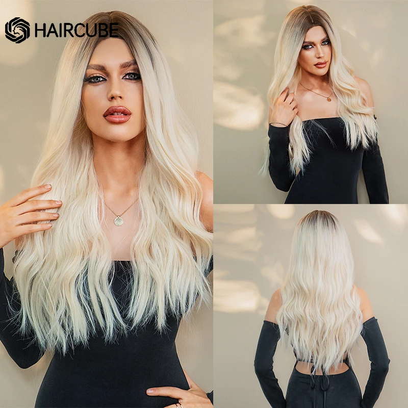 Parrucche sintetiche ondulate lunghe ad acqua Ombre marrone bianco parrucche per capelli naturali parte centrale per le donne parrucche Cosplay fibra resistente al calore