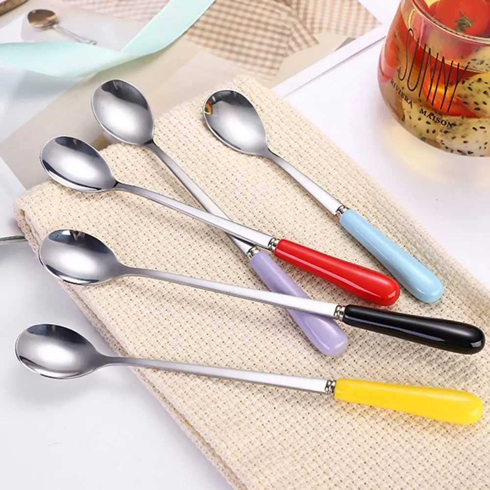 Kitchen Stainless Steel Ceramic Handle Ice Cream Coffee Spoons Stirrer Stirring Tool Teaspoon