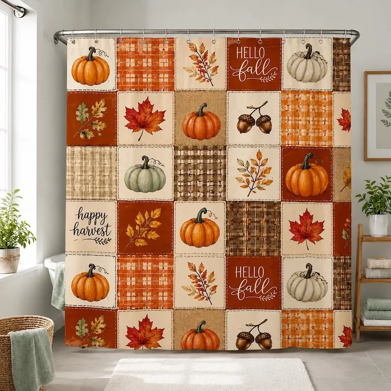 New in 2026 Fall Pumpkin Shower Curtain, Autumn Patchwork Bathroom Decor, Rustic Harvest Leaves Acorn Plaid Curtain, Cozy Farmhouse Seasonal Home Decor