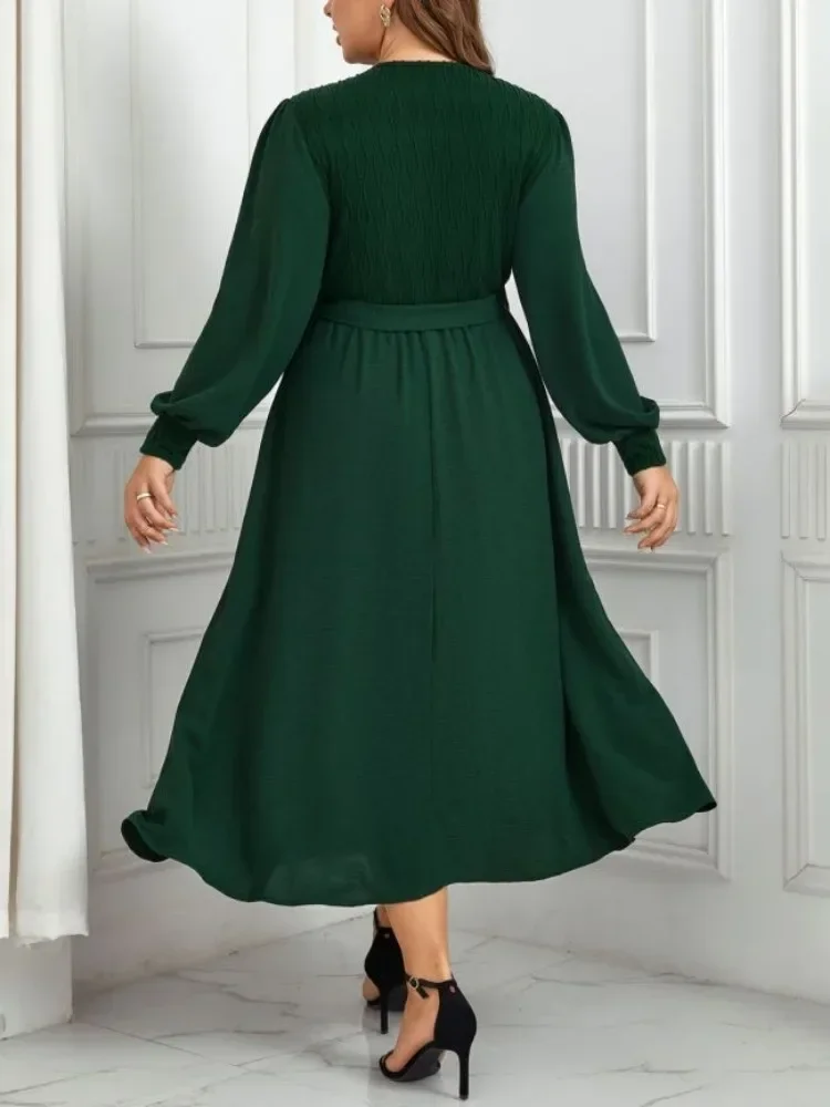 Plus Size Women Dresses Wrap V Neck Belt Elastic Long Sleeves Autumn Fall Sprimg Robe Solid Color Flowy Female Clothing