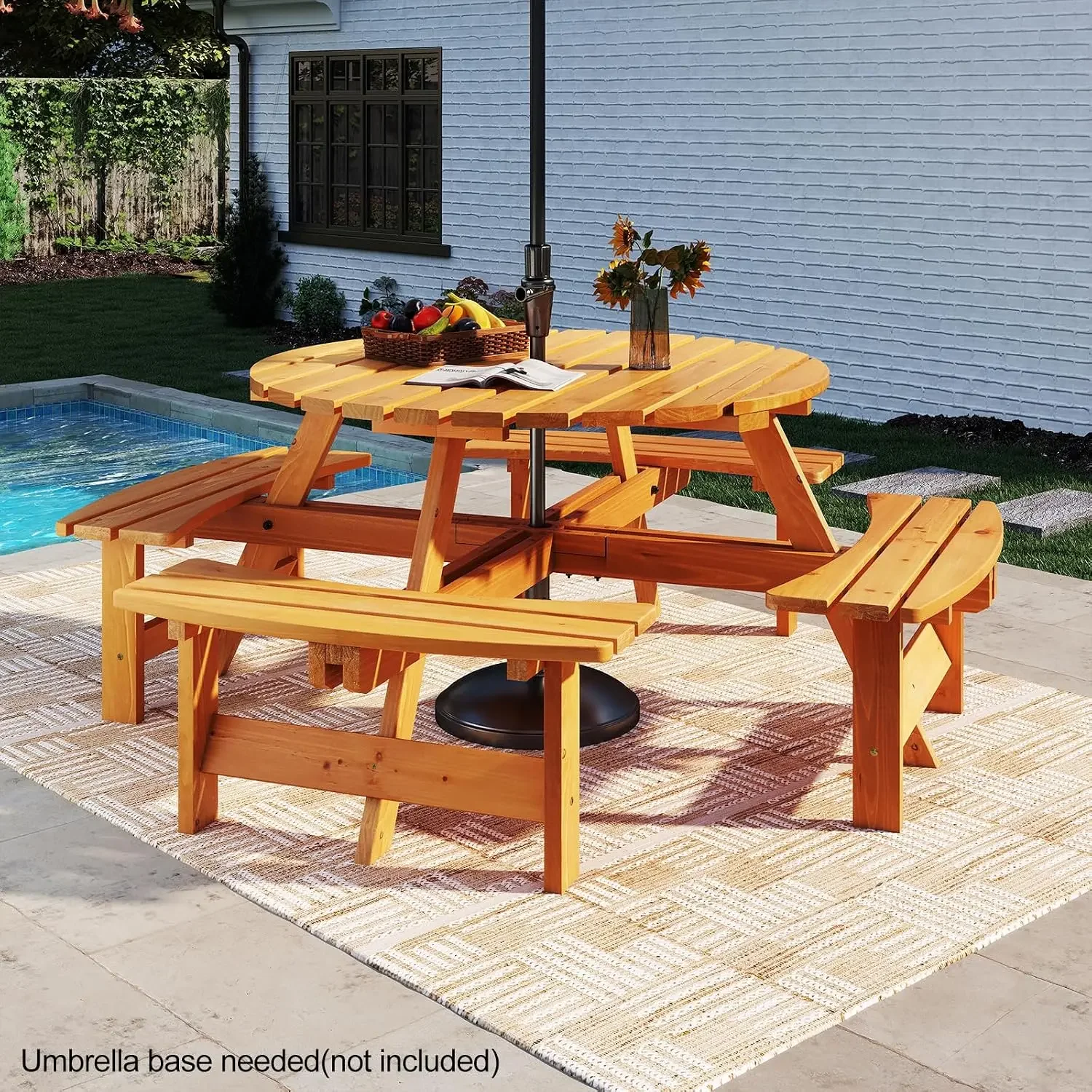USA Stock8-Person Wood Picnic Table Bench Set, Round Camping Table W/Umbrella Hole, Circular Outdoor Table W/4 Built-In Curved B