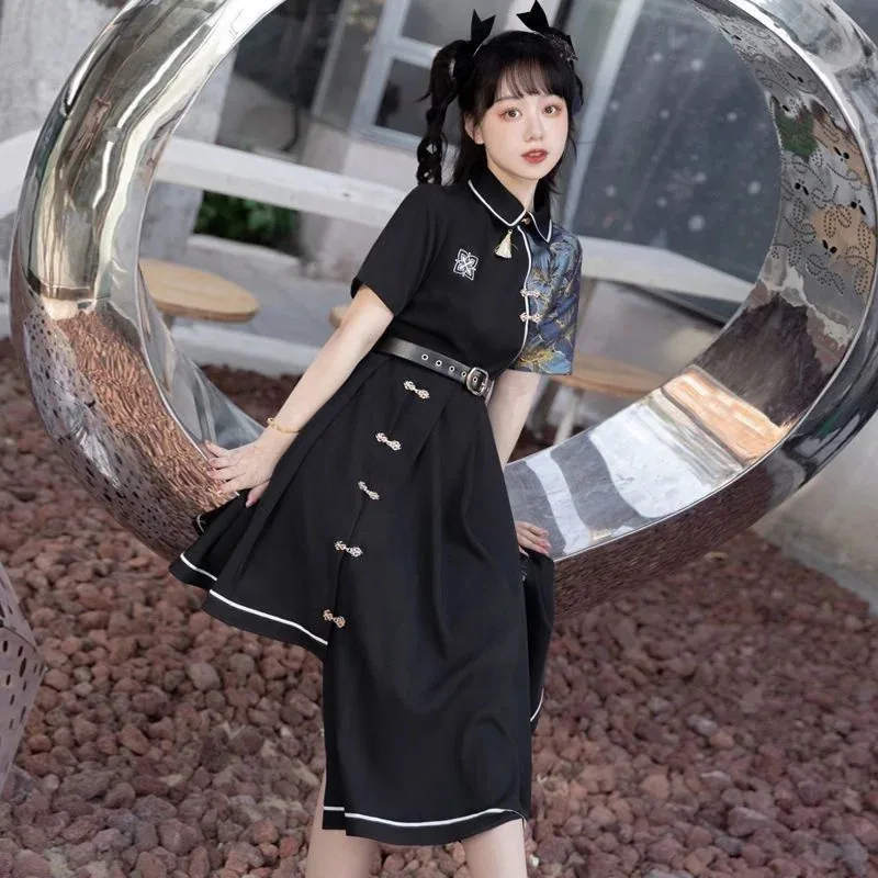Chinese Style Han Element Hanfu Lolita Button Irregular Dress Gothic Black Lolita Short Long Sleeve Kawaii Daily Dresses