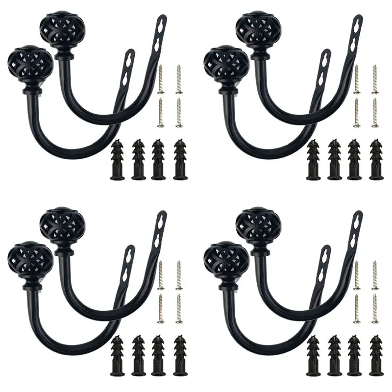 ABUL-4 Pair Of Metal Curtain Hooks - Retro Wall Mounted Curtain Hold Back Tiebacks Wall Hook Tassel Drapery Holder (Black)