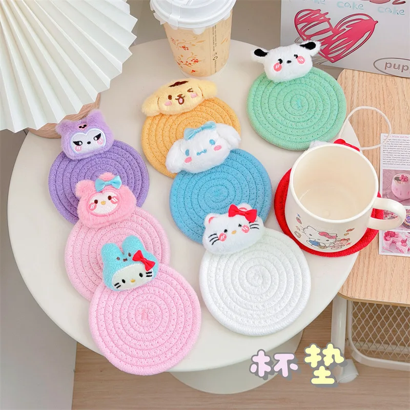 

Animation Hello Kitty Cinnamoroll My Melody Kuromi Cartoon woven cotton rope thermal insulation and anti-scalding coaster gift