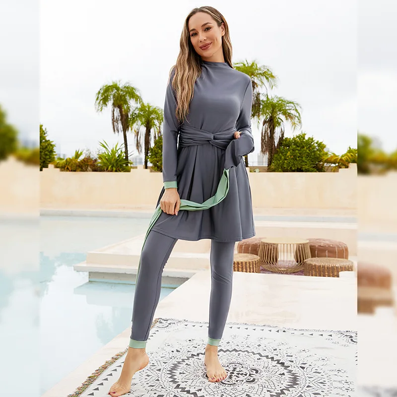 Summer Burkini Muslim Swimwear 3-pieces Women Plus Size Quick Dry Long Sleeve Swimsuit Conservative Beach Surfing Swimming Suit