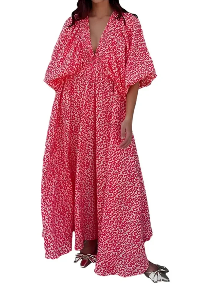 Blumenkleid Modischer Druck Sommer Neuer Ins-Stil Großes Swing-Kleid Damen Lose Laternenärmel Mittelärmeliger langer Rock