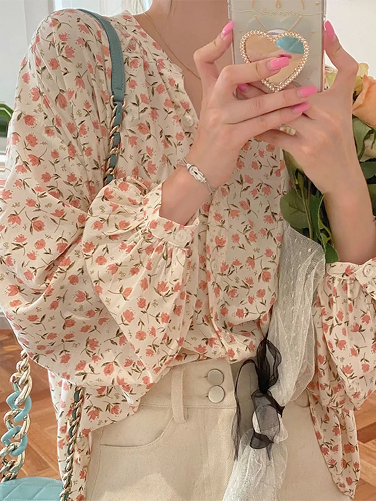 Top lungo in chiffon con stampa floreale irt da donna retrò Hong Kong Sle primavera autunno nuovo design Fairy Faion