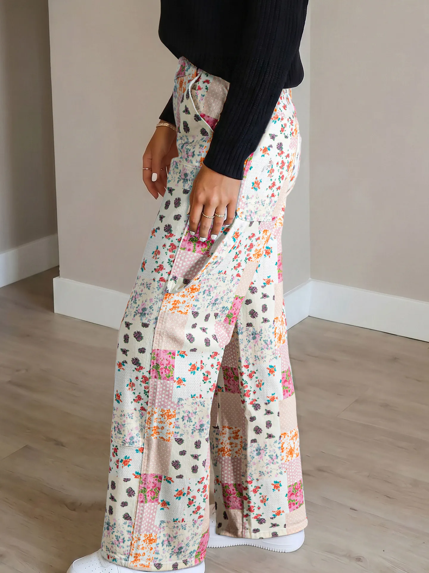 High Waist Patchwork Floral Denim Pants Women's Loose Wide Leg Casual Cotton Blend Comfortable Fit All Season Fashion