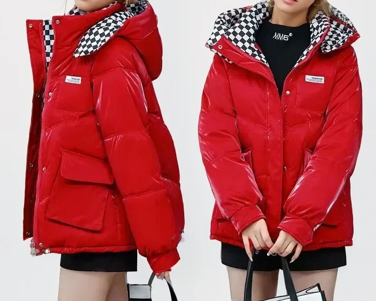 Female Contrast Plaid Hooded Parkas Coats Ladys High Collar Warm Outwears 2026 Women Winter Bright Non Washable Cotton Jacket
