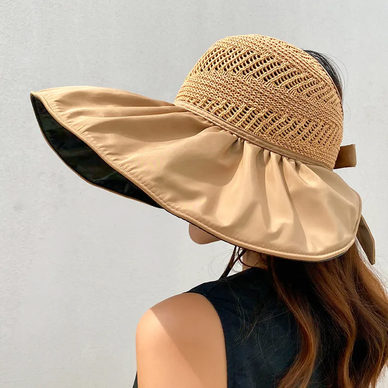 

Summer Women Bucket Hat UV Protection Big Wide Brim Beach Sun Hats Empty Top Caps Ponytail Caps Bows Ladies Girls Panama Caps