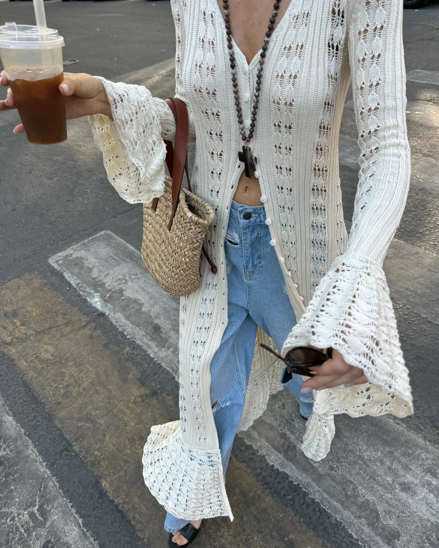 DSMTRC 2025 Holiday Knitted See-throught Cardigan Dress V Neck Long Flare Sleeves Leisure Long Trendy Single Breasted Autumn