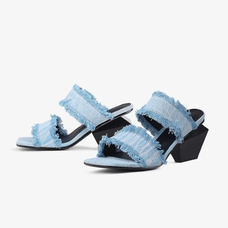 Women Denim Sandals Summer Shoes Fringe Slippers Slip On Cowgirls Fashion Pumps European Style Strange Heel Shoes