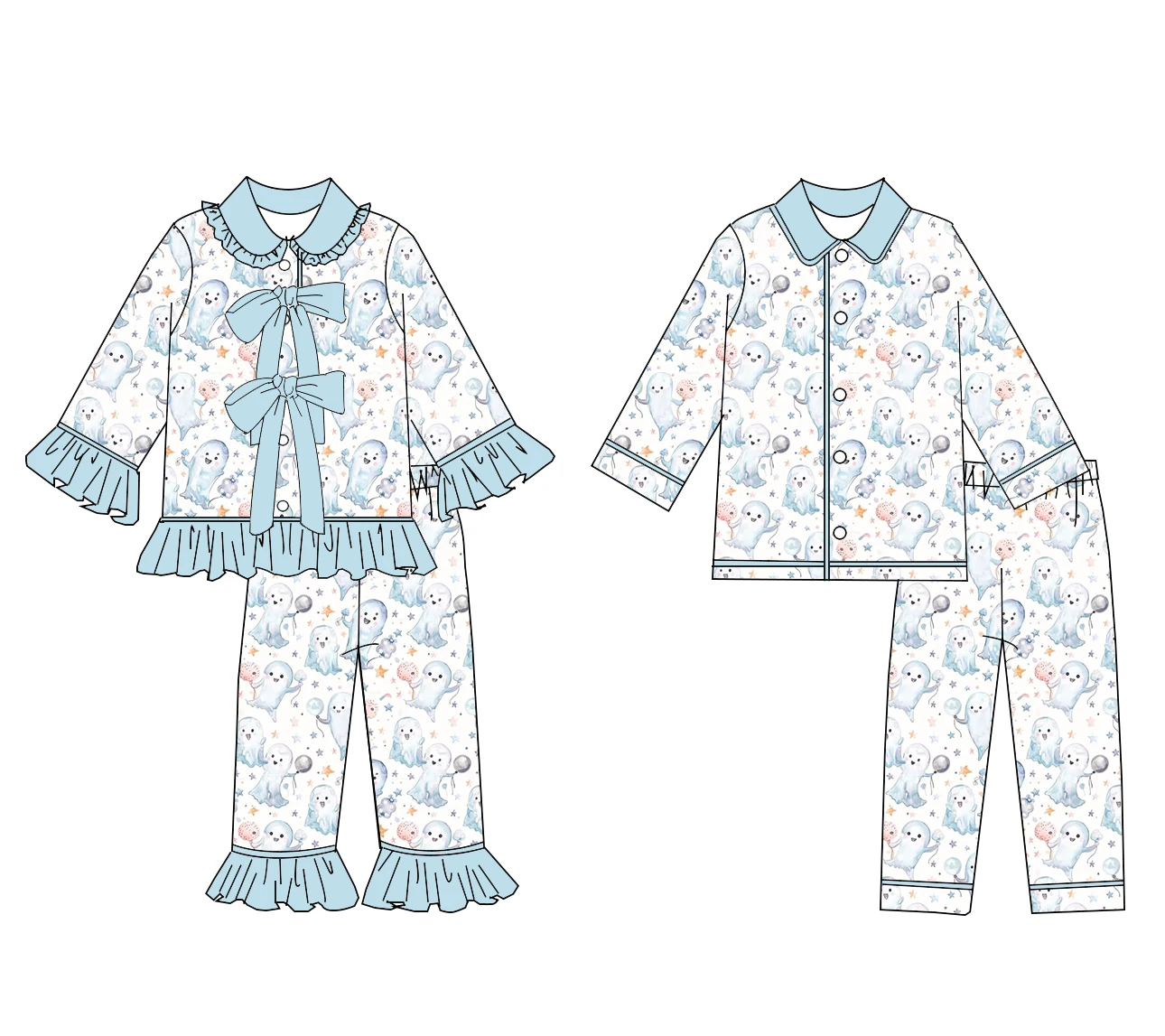 Boutique Wholesale Halloween Children's Clothing Spooky Pumpkin Print Ruffle Pants Boy Girls Suit Night Wear Kids Clothes Kids S