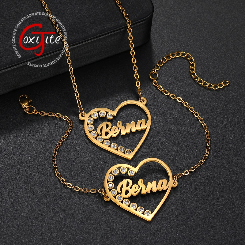 GoxijiteCustom Name Necklace Bracelet Set For Women Hollow Heart With Rhinestone Stainless Steel Personalized Jewelry  Gift