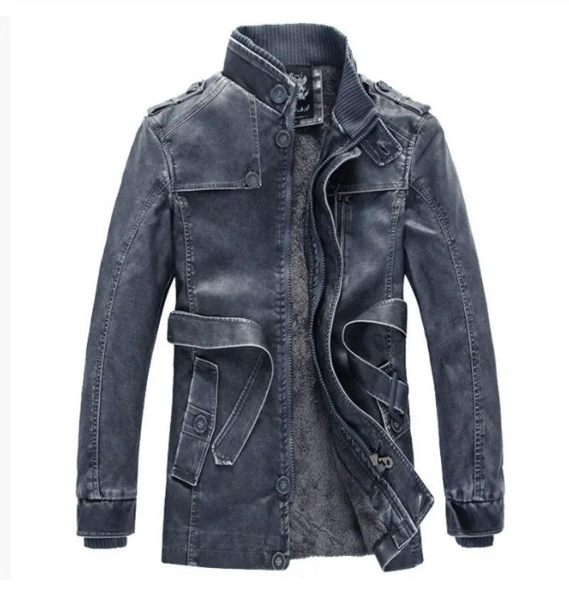 Winter Men Leather Jacket Casual Windproof Thicken Fleece Warm Motorcycle Jackets Plus Size 5XL 6XL Fashion Long Coats Chaqueta